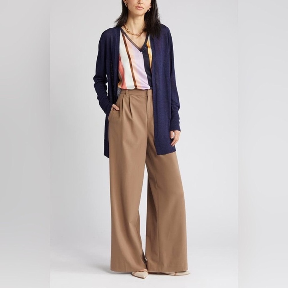 Halogen Navy Blue‎ Linen Blend Longline Duster Open Cardigan in Size Large
